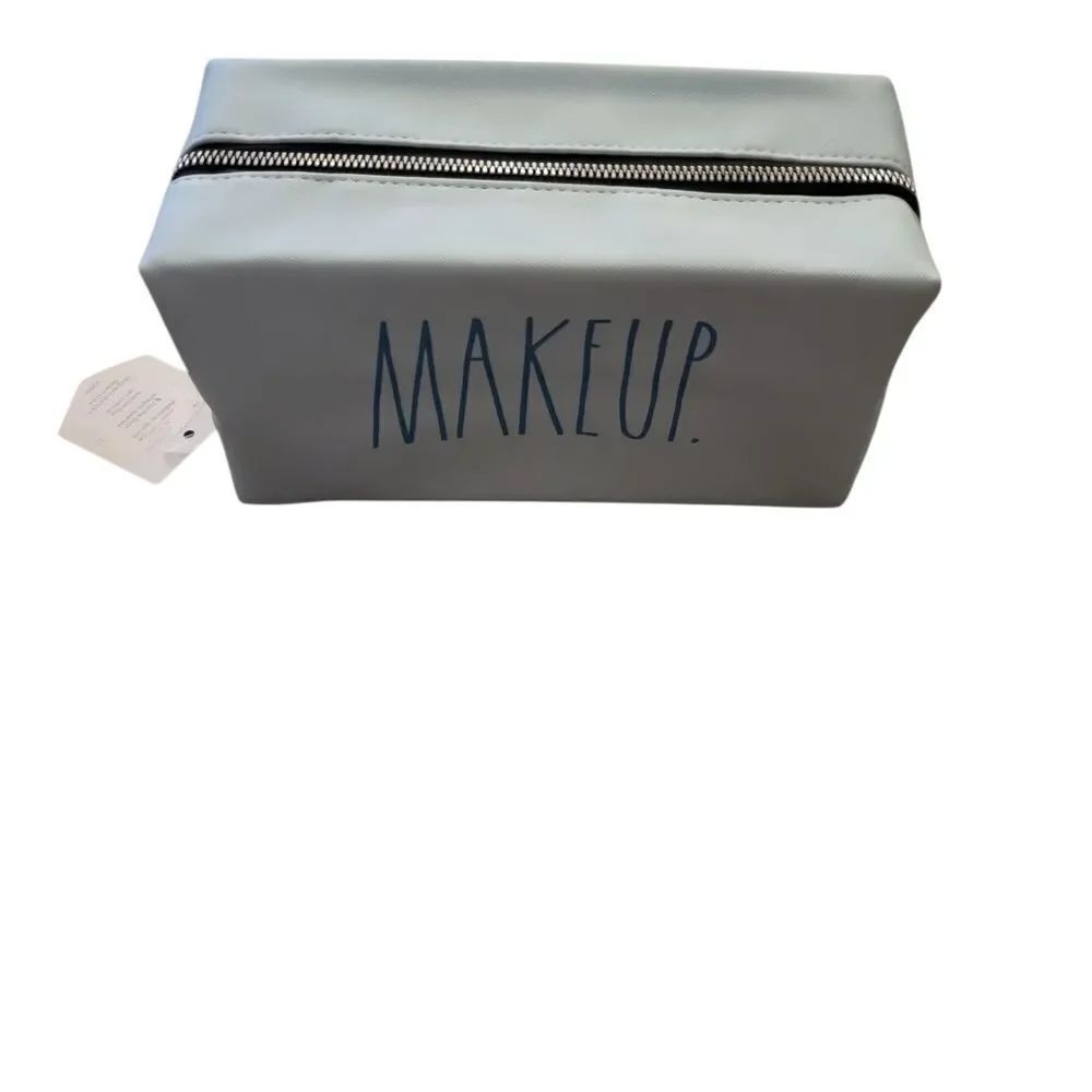 Rae Dunn White Cosmetic Pouch with Blue Text